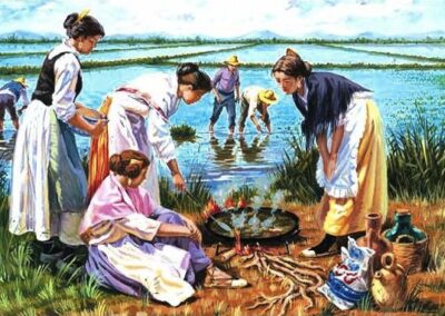 Tableau de Paella de Valencianas cuisinant une Paella dans la Albufera